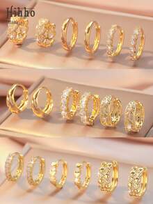 Hihho 6pcs/Set Classic Retro Zirconia Stud Earrings Set, Minimalist Luxury Design Earrings, Suitable For Daily Stacking Or Single Wear, Best Gift For Friends - Yellow Gold - View 6