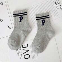 5 Pairs Kids Retro Striped Letter Mid-Calf Socks, Soft Collegiate Style Casual Sports Crew Socks - Black - View 3