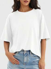 Camiseta holgada para mujer de manga corta y cuello redondo, camisa casual estilo Y2K, básica para deportes de verano - Blanco - Ver 3