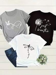 Una camiseta casual de cuello redondo para mujer, diseñada con estampados de mariposas, libélulas y la frase "Just Breathe". - Negro - Ver 8