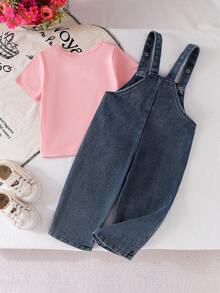 2pcs Baby Girl Cute Bowknot Pink Short Sleeve T-Shirt Top And Bow Decor Embroidered Denim Bib Overalls Pants Set - Pink - View 3