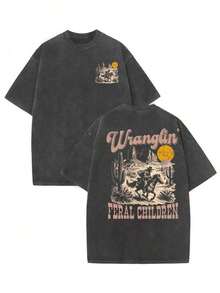 Manfinity Dauomo Camiseta retro de los 90 con estampado occidental de mapache, camiseta gráfica vintage occidental de mapache, regalo cool, camiseta gráfica para hombre, camisa de estilo occidental divertida-Breathable High Quality - Gris - Ver 1
