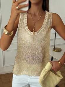 Débardeur en tricot à col rond, ourlet asymétrique en tissu transparent brillant, style décontracté et mignon. Tenue d'été idéale pour les vacances, marque Mejors - Doré - Voir 2
