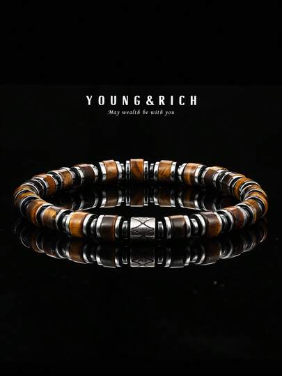  Tiger Eye Stone Men's Bracelet, YOUNG&RICH Vintage Natural Beads Bracelet With Magnetic Spacer Beads, Auspicious Everyday Wear Gift