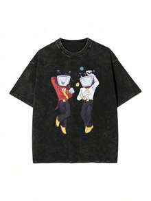 Camiseta de juego para hombre y mujer| Camiseta vintage negra lavada con estampado de logotipo, corte holgado, cuello redondo, uso casual de verano y para todo el año, tela de elasticidad media, diseño de dibujos animados, mangas regulares (unisex) - Negro - Ver 7