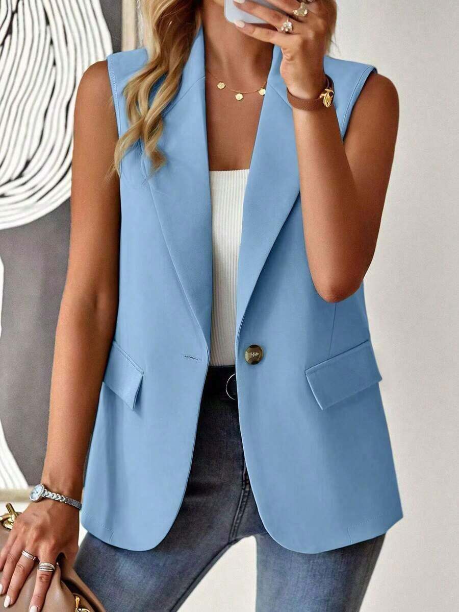 Blazer sin mangas de estilo elegante de color verde oliva para mujer, chaleco casual con solapa y botón en tela tejida lisa, corte regular - Celeste - Ver 1
