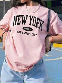Camiseta de mujer de manga corta con cuello redondo y estampado de letras, casual y versátil para uso diario - Rosa - Ver 6