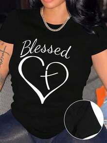 ropa de mujer Conjuntos de vacaciones tropicales para mujer, camiseta de manga corta con cuello redondo y diseño de corazón sagrado y cruz, adecuada como regalo para el Día de San Valentín. 100% Cotton  Outfits  camisas de mujer - Negro - Ver 2