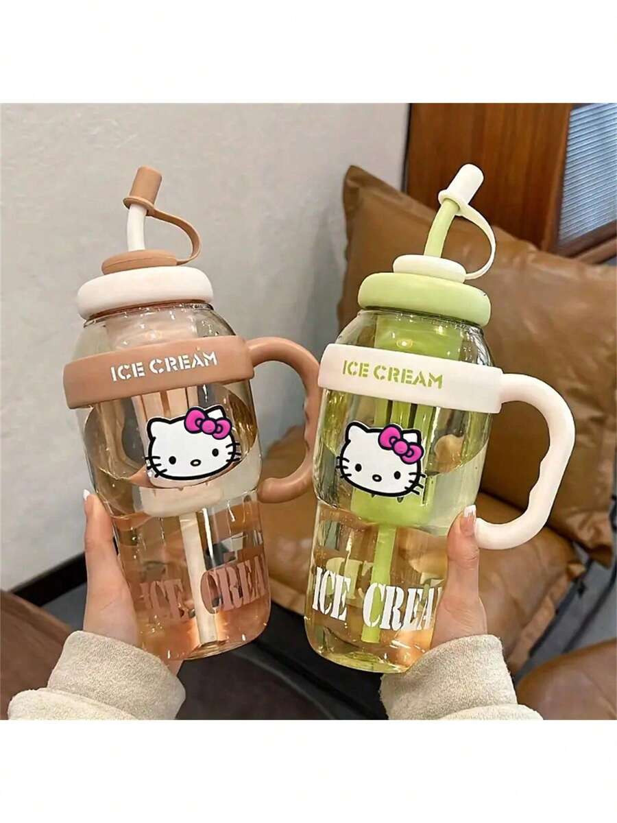 44盎司/1300毫升 可爱卡通贴纸 学生大容量夏季冰王杯,健身必备幸运肚脐杯,可爱风铃吸管杯 - 彩色 - 查看 1