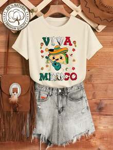 Women's Plus Size Viva Mexico Graphic T-Shirt - 100% Cotton, Short Sleeve, Crew Neck, Casual Top With Vibrant Mexican Culture Design, Maracas, Sombrero And Chili Print, Red/Blue Green, Machine Washable, All Season Comfort, Ideal For Summer - 杏 - 查看 7