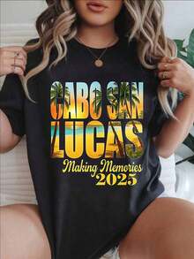 Camiseta Casual con Estampado de Moda para Mujer, Escena de Atardecer Tropical en Cabo San Lucas, Adecuada para Todas las Temporadas  
 -Blanco - Negro - Ver 7