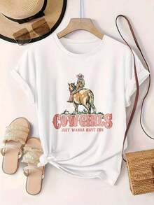 Las vaqueras simplemente quieren divertirse: Camiseta casual con estampado a la moda para mujer, adecuada para todas las estaciones.  
 -Blanco - Blanco - Ver 2