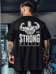 GymBeat Men's Short Sleeve Sports T-Shirt With Graphic Text Print - 黑色 - 查看 1