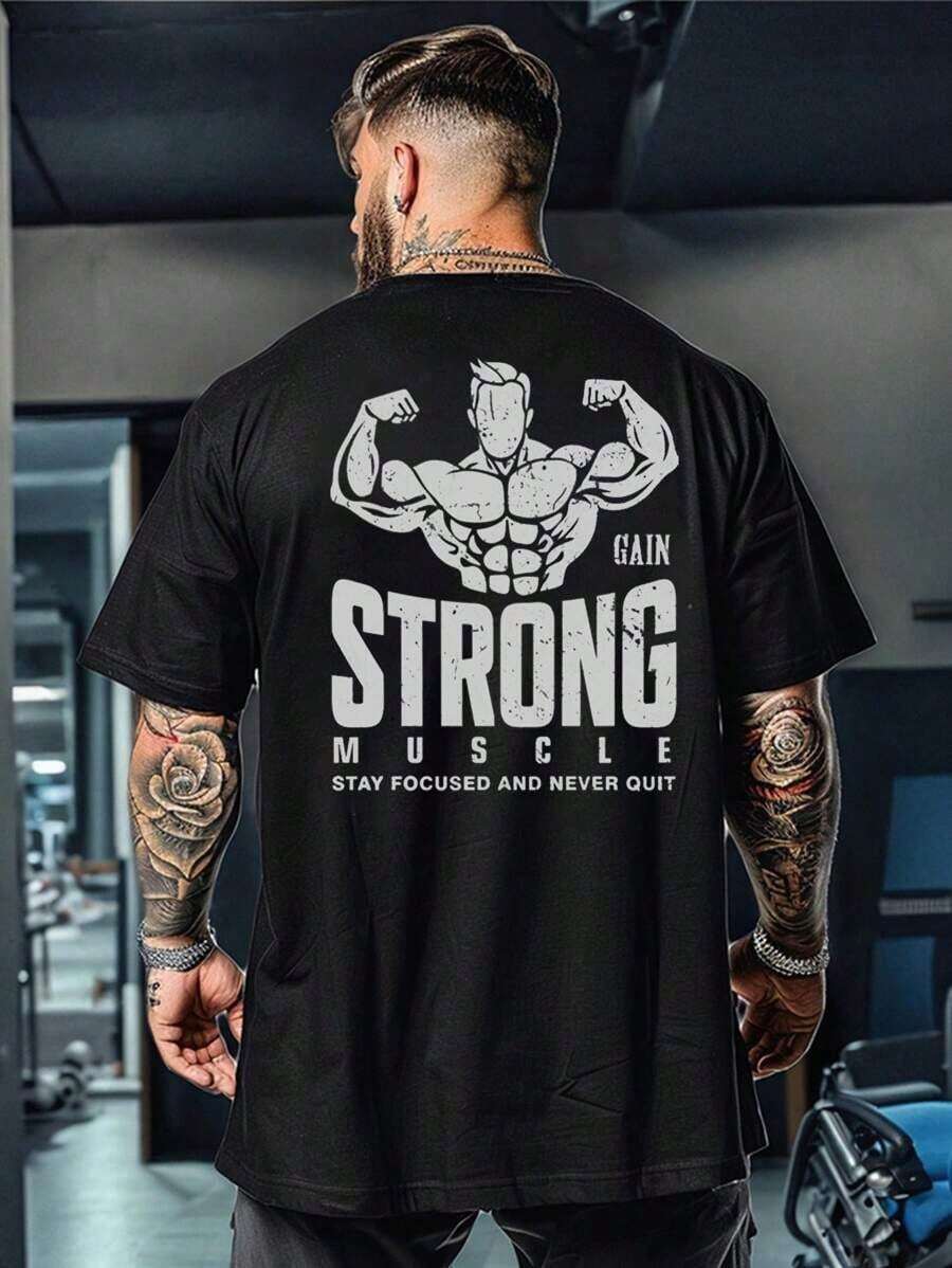 GymBeat Men's Short Sleeve Sports T-Shirt With Graphic Text Print - 黑色 - 查看 1