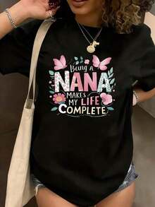 1 pieza Camiseta de Mujer "Being A Nana Makes My Life Complete", Casual, Divertida, con Estampado Gráfico, Manga Corta, Cuello Redondo, Novedosa, 100% Algodón, 180g, 100% Algodón, los diseños están impresos. Unisexo. - Negro - Ver 7