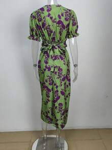 Nuevo vestido femenino de primavera 2026 vestido largo estampado de choque de moda elegante vestido de manga corta - Verde - Ver 7