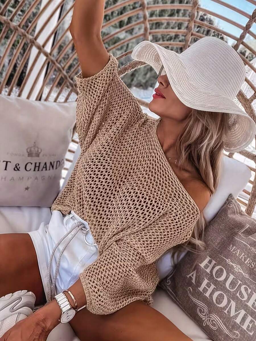 Áo len nữ mùa hè kiểu dáng casual, chất liệu dệt kim, họa tiết rỗng, cổ tròn, tay dài, thích hợp cho kỳ nghỉ biển. - Lạc đà - Xem 1