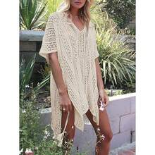 (Free Shipping)Women's Boho Crochet Knit V Neck Half Sleeve Semi-Sheer Cover Up With Side Split Loose Fit Bikini Swimsuit Cover Up For Beach Vacation Summer 2026 - 杏色 - 查看 2