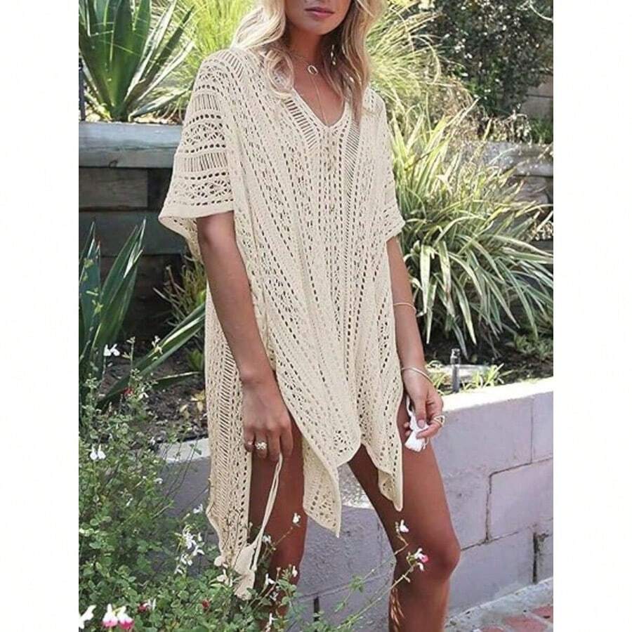 (Free Shipping)Women's Boho Crochet Knit V Neck Half Sleeve Semi-Sheer Cover Up With Side Split Loose Fit Bikini Swimsuit Cover Up For Beach Vacation Summer 2026 - 杏色 - 查看 1