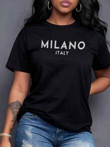 MILANO ITALY representa la capital de la moda la elegancia urbana y el glamour sofisticado inspiración europea un símbolo de buen gusto ideal para tu armario casual y moderno Camiseta de mujer 100% algodón,maija mujer curvy. - Negro - Ver 7