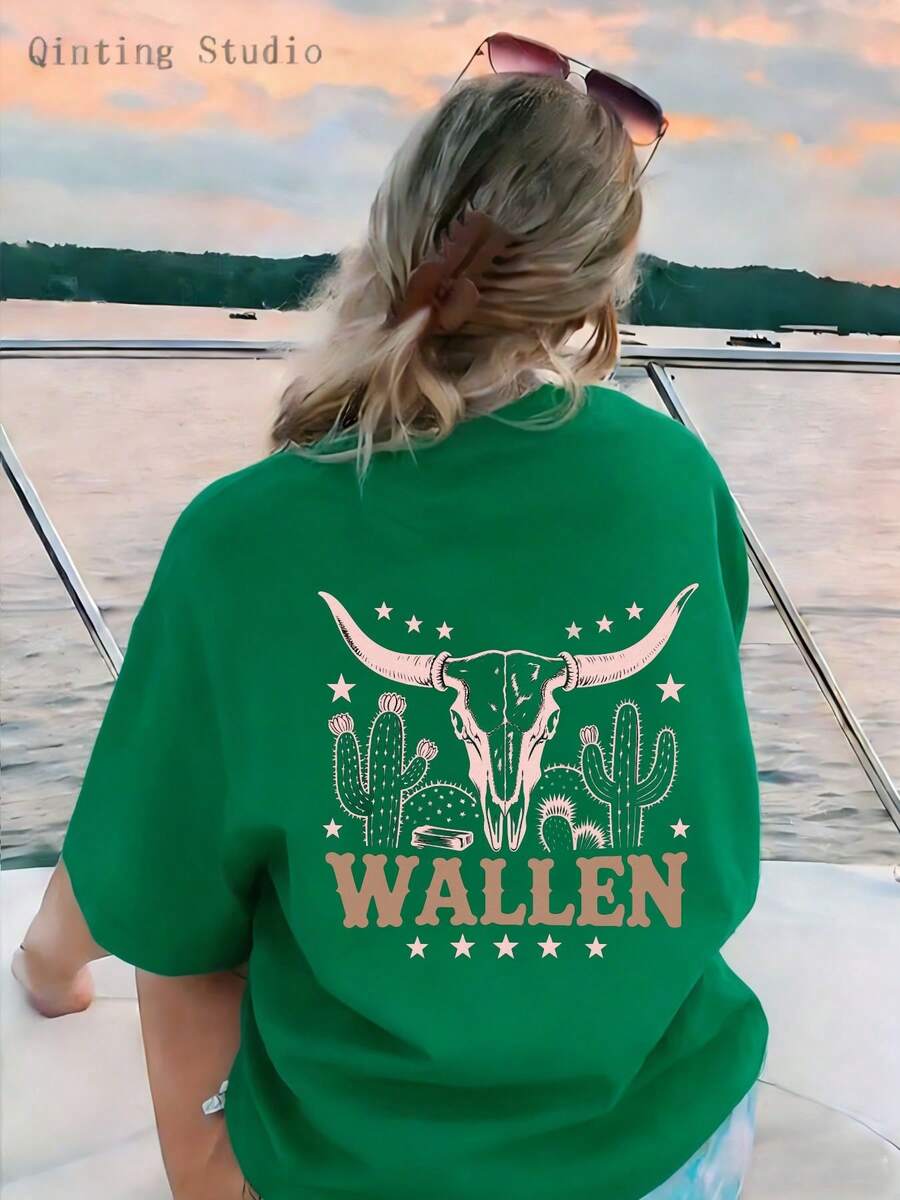 Women's Casual Crew Neck T-Shirt, 1 Piece, Ultra Soft And Breathable, With A Bohemian Design Featuring Cow Heads, Cacti And Other Patterns, Labeled "WALLEN", Perfect For Beach Surf Vacations And For Casual Spring/Summer Wear. - 綠色 - 查看 1