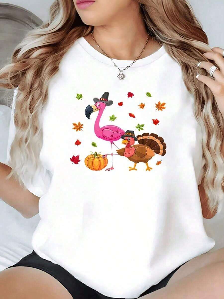 UniFlamingo Women's Casual Vintage Urban Style T-Shirt With Turkey And Pumpkin Design, 220g, For Halloween And Thanksgiving, 100% Cotton, 1 Piece, Fun Graphic Print T-Shirt, Relaxed Fit, Crew Neck, Short Sleeve, 100% Breathable Cotton - 白色 - 查看 1