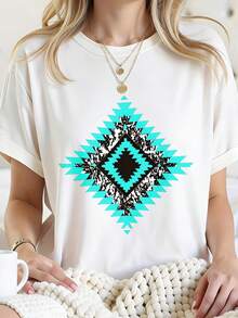 Camiseta de manga corta para mujer - Camiseta negra con patrón de diamantes del suroeste, cuello redondo informal, tela elástica y suave, lavable a máquina, top de moda para todas las estaciones, ropa moderna, camiseta estampada personalizada, ajuste cómodo, regalo para el Día de San Valentín y el Día de San Patricio. - Blanco - Ver 12