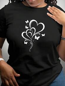 Camiseta de manga normal para mujer con estampado artístico de amor y mariposas voladoras, atuendo artístico a la moda, fibra de poliéster suave y transpirable, elasticidad media, lavable a máquina, top de cuello redondo, estilo moderno, ropa casual de manga normal para mujer y niños. - Negro - Ver 7