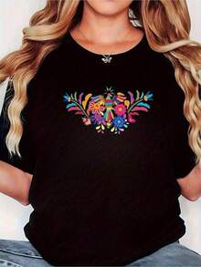 Camiseta con bordado floral de arte popular mexicano para mujer.Top multicolor vibrante de manga corta, cuello redondo y diseño floral mexicano intrincado.Corte en A para uso casual y semiformal.Comodidad para todo tipo de clima (lavable a mano).Ideal para festivales y uso diario.Blusa de estilo bohemio.Ropa infantil - Negro - Ver 7