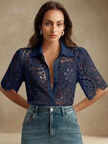 Blusa elegante de mujer con estampado floral y encaje calado, adecuada para primavera/verano, vacaciones, días festivos, playa, festivales - Azul marino - Ver 5