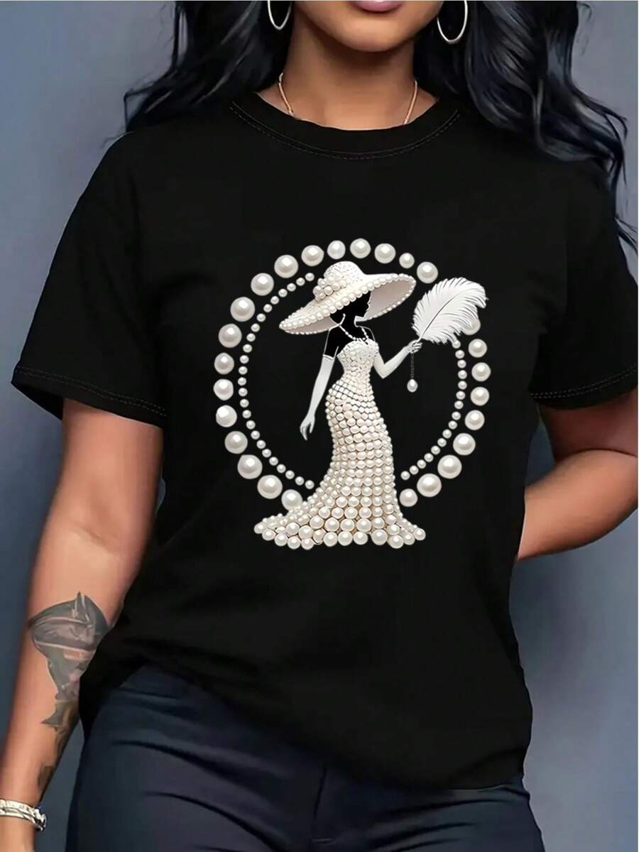 Elegant, Lightweight, Luxurious, And High-End Style Clothing! Women's Printed T-Shirt - Women's Design Printed With Pearls And Crystals | Lightweight, Luxurious, And Beautiful Everyday Wear | Soft And Breathable Fabric, Casual Short-Sleeved Round-Neck Top For Spring And Summer - 黑色 - 查看 1