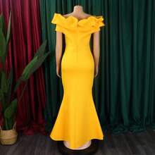 Vestido largo de fiesta formal 2026 para mujer, color liso, con bordes de volantes, corte ajustado y bajo estilo sirena - Burdeos - Ver 6