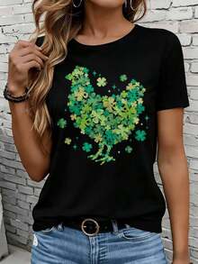 Women's Short-Sleeved T-Shirts In Black And White Are Suitable For Everyday Wear, Lounging At Home, And Outdoor Activities. This Women's St. Patrick's Day Shamrock T-Shirt Is Casual, Featuring A Lucky Shamrock Graphic, Perfect For Celebrating St. Patrick's Day Or As A Party Gift. - 黑色 - 查看 7
