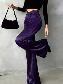 Pantalones rectos de satén de cintura alta para mujer, aptos para uso diario, oficina, traslados, hogar, citas, pequeñas fiestas y eventos sociales ligeros.Color: Negro.Temporada: Primavera - Morado - Ver 4