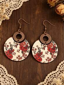 1 Pair Bohemian Wooden Printed Geometric Circle Patchwork Earrings - Multicolor - View 4