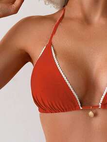 Swim Vcay - Conjunto de Bikini Triangular Sexy con Ribete de Encaje para Mujer, 2 Piezas, Conjunto de Bikini Halter con Tiras Simples para Vacaciones de Verano en la Playa - Óxido marrón - Ver 5