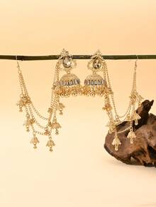 優雅水鑽金色 Jhumka 耳環附流蘇髮鏈，傳統中東大耳環，適合婚禮珠寶或派對穿著 - 掛鏈耳飾 - 查看 11
