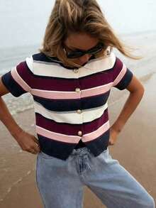 Top de punto a rayas para mujer , estilo casual holgado de manga corta y cuello redondo para verano, estilo preppy, cárdigan de manga corta a rayas marrones y azules, top de verano, estilo universitario americano, adecuado para uso diario, top de verano, para mujer en primavera. - Multicolor - Ver 8