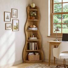 LITTLE TREE 175cm Modern Wavy Corner Bookshelf, 6-Tier Tall Corner Display Bookcase Storage Shelf For Living Room - Light Brown - View 6