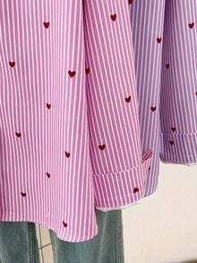 Blusa de mujer con cuello polo, estampado de corazones y rayas - Camisa casual de manga larga con botones, adecuada para uso diario en primavera, verano y otoño - Rayas rosas - Ver 8