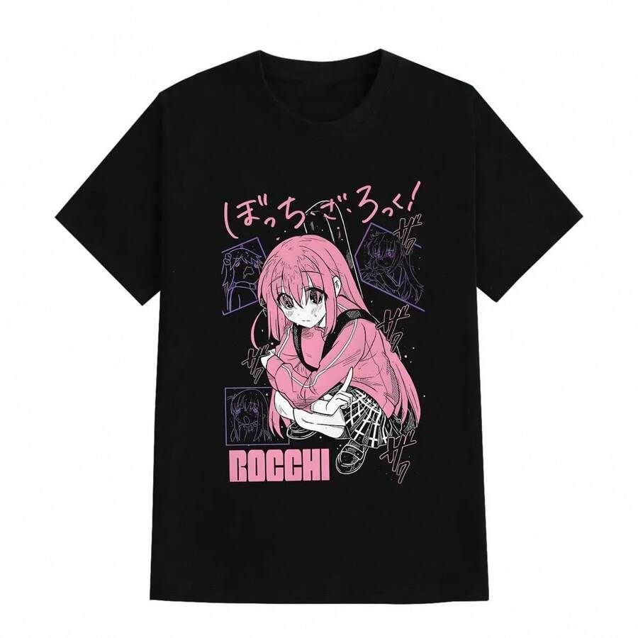 Camiseta de manga corta de "Lonely Rock" para verano, merchandising de anime, edición igual a Bocchi-chan, manga [otaku] de 100% algodón, camiseta "itai" para estudiantes, unisex y apta para todas las estaciones. - Negro - Ver 1