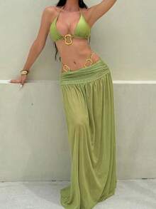 Vaytide Set de 3 piezas: Bikini de tela brillante de unicolor con diseño de aro de metal asimétrico + Vestido de malla larga tipo capa para la playa, traje de baño de resort vacacional para mujer - Verde - Ver 8