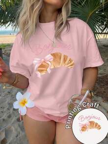 Women's Short-Sleeved T-Shirt With Round Neck, 100% Polyester Fiber, Machine Washable, Easy Care, Casual Design With French-Style Letter And Dessert Print, Romantic Breakfast Print, New Summer Collection 2026, Suitable For Daily Wear And Travel. - 粉色 - 查看 6