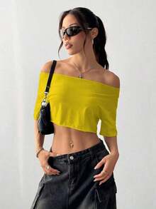 Top corto asimétrico de mujer con cuello blanco y flecos, camiseta de manga corta de moda versátil Y2K oversize y sexy, para primavera/verano - Amarillo claro - Ver 3
