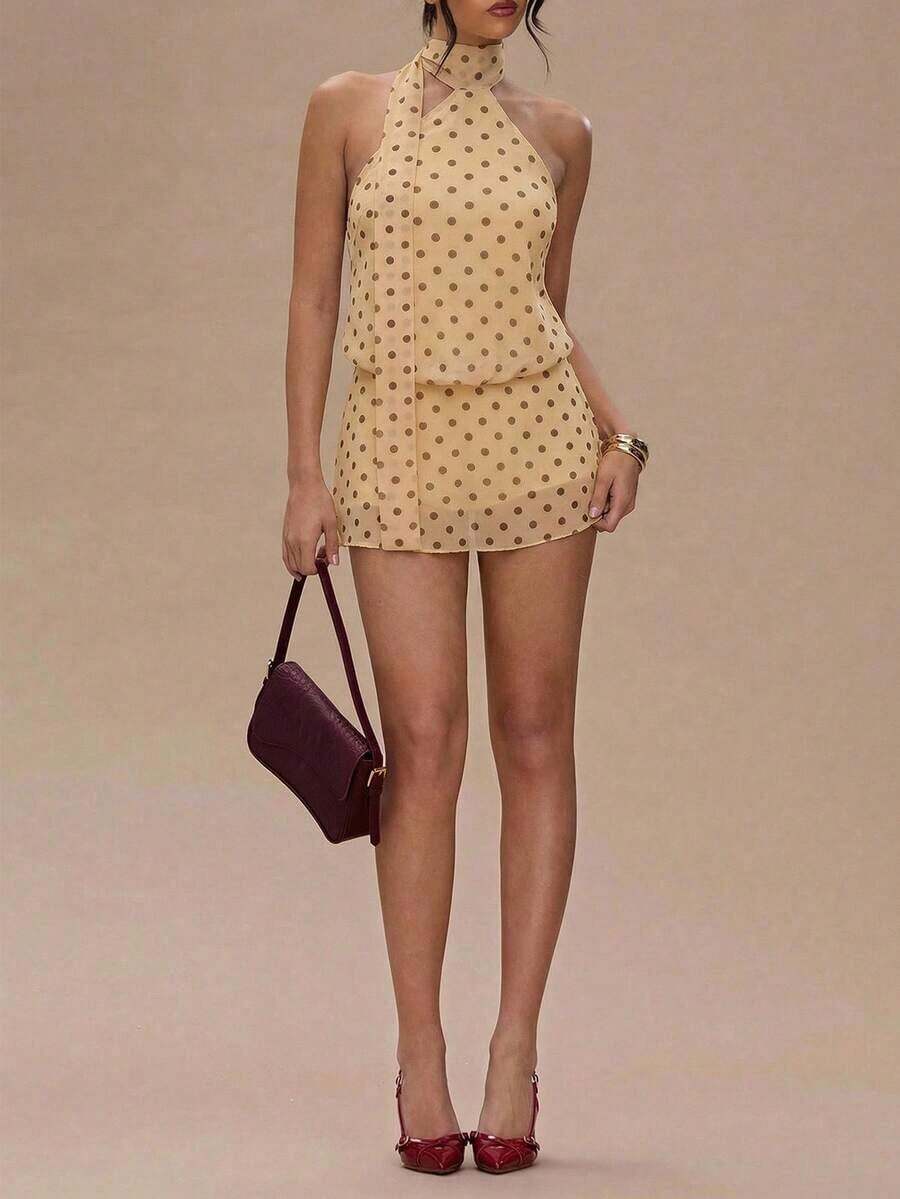 Vestido mini halter casual y sexy con estampado floral tie-dye marrón, estilo corto plisado adecuado para vacaciones y fiestas de primavera/verano - Amarillo 2 - Ver 1