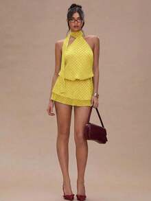 Vestido mini con estampado de lunares y espalda descubierta para mujer - Mostaza Amarilla 2 - Ver 3
