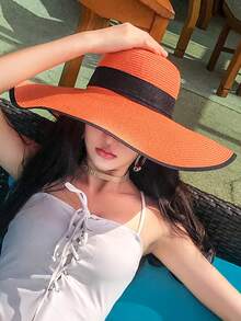 Mũ rơm vành rộng cho nữ, mũ đi biển vành rộng chống nắng mùa hè có nơ, mũ đi biển/chống nắng thời trang đa năng, nơ polyester giản dị, mùa xuân/hè. - mũ - Xem 13