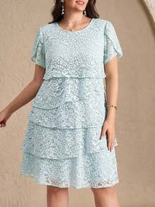 Reflora Vestido de moda con cuello redondo, mangas con volantes y estampado floral para mujer de talla grande - Azul 2 - Ver 1