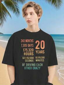 Funny T-Shirt For 20 Years Of Marriage, Graphic Print T-Shirt For 20th Wedding Anniversary, Women's Top - 黑色 - 查看 8