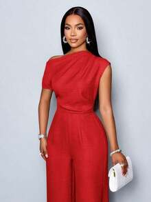 Mono de pierna ancha con hombros descubiertos, cuello asimétrico, pliegues en los hombros y manga corta, de uso casual, elegante y apropiado para salidas diurnas, en color albaricoque, para mujer de uso en las cuatro estaciones - Rojo - Ver 4